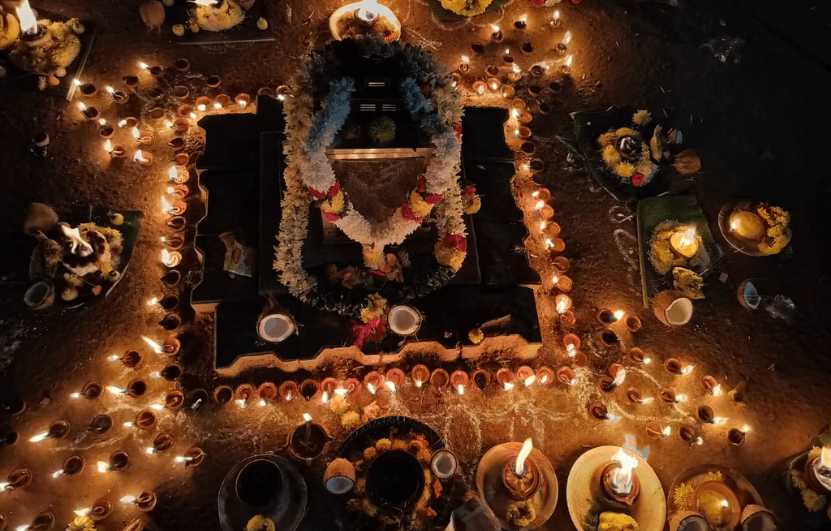 Floral lamp decorations for Karthika Deepam at Shiva temple